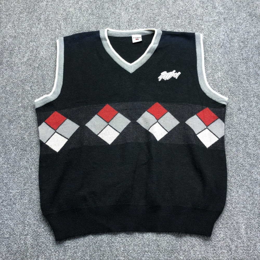 FUBU The Collection Mens Vintage Argyle V-Neck Sweater Vest Black Red Grey L USA